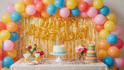 Colorful Birthday Celebration With Balloons, Cake, and Decorations for a Spec...