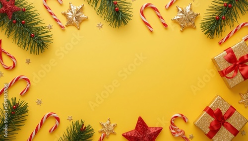 Holiday Decorations Show Gifts, Candy Canes, and Ornaments on a Bright Yellow...