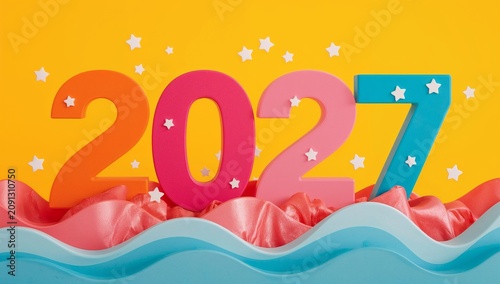 Colorful Display of Numbers 2027 for Celebration on Bright Yellow Background