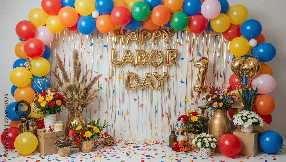 Fototapeta premium Colorful Decorations and Balloons for Labor Day Celebration in a Party Setting