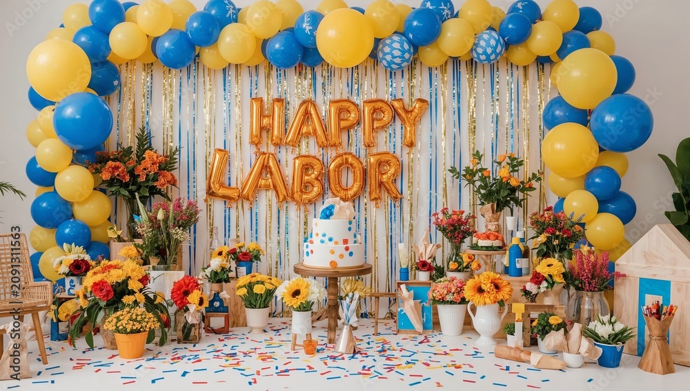 Fototapeta premium Colorful Decorations and Balloons for Labor Day Celebration in a Party Setting