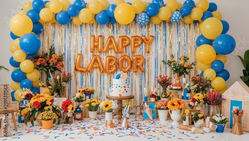 Colorful Decorations and Balloons for Labor Day Celebration in a Party Setting