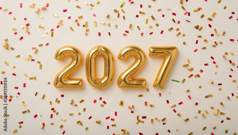 Fototapeta premium Celebration of New Year 2027 With Colorful Confetti and Golden Numbers
