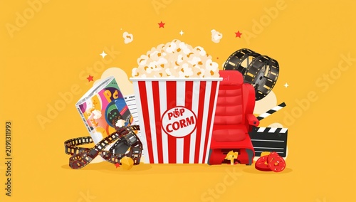 Popcorn and Movie Items Arranged on a Bright Yellow Background for a Fun View...