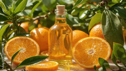 Bright Oranges and a Bottle Sit on a Table Surrounded by Green Leaves in a Su...