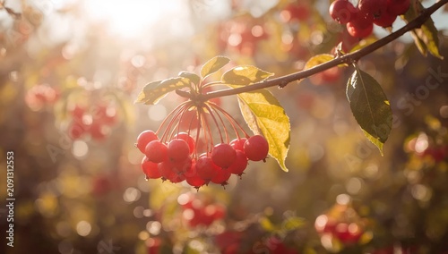 Bunch of Red Berries Hanging From a Branch in a Garden During Golden Hour Light