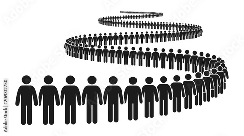People standing in a long winding spiral queue illustration representing a large crowd of individuals waiting in line together