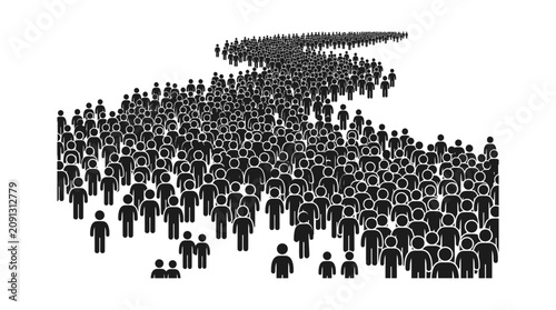 Crowd people silhouette icons forming a large abstract shape isolated on white background as a professional vector graphic illustration