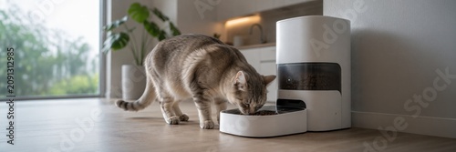 Tabby cat eats from an automatic pet feeder on the floor in a bright home interior