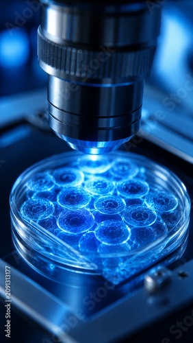 Microscope examines glowing blue cell culture in a petri dish for biomedical laboratory research