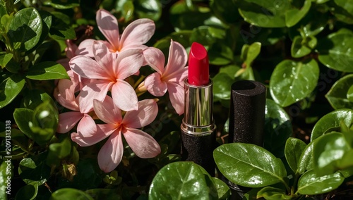 Red Lipstick Placed Among Pink Flowers in a Garden During Daylight