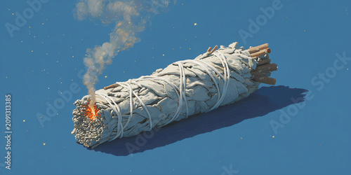A burning bundle of white sage smoldering, with smoke rising against a blue background. The sage is tied with white string and is smoldering from the tip, creating a mystical and spiritual aura