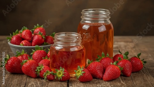 Strawberries and Jars of Drink Arranged on Wooden Table With Fresh Fruit Arou...