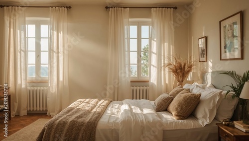 Morning Light Shines in a Bright Bedroom With White Curtains and Simple Decor