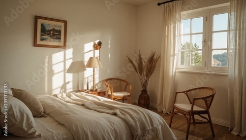 Sunlight Enters a Room With a Bed and Chairs on a Bright Morning in a Cozy Home