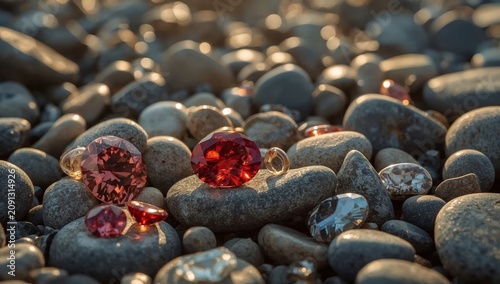 Colorful Gems Scatter on Shiny Stones at Sunset Near a Riverbank