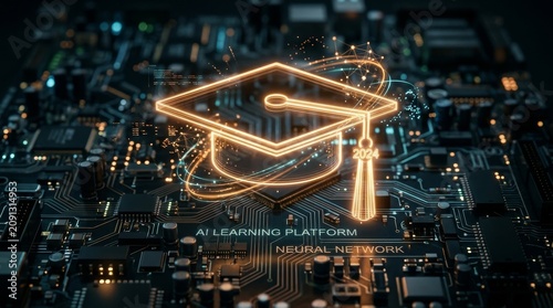 Digital Graduation Cap Icon on Circuit Board in Futuristic Style