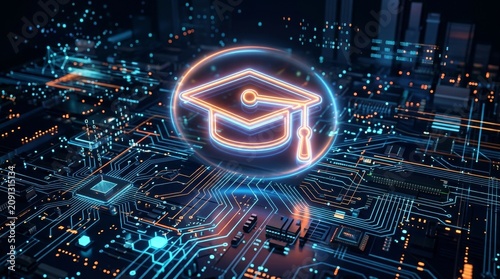 Graduation Cap Icon Over Circuit Board Technology Concept for Education and Innovation