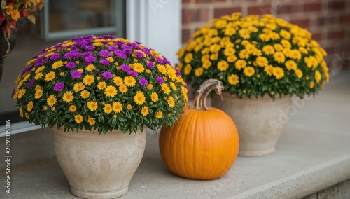 Bright Flowers and a Pumpkin on a Porch During Fall Season at a Home Entrance