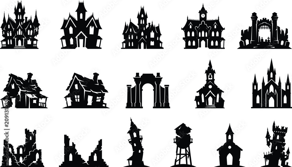 Obraz premium Halloween Haunted House Silhouette Icon Set with Spooky Castle and Gothic Building Collection