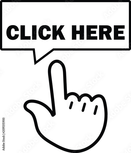 Black and white click here button with pointing finger hand cursor