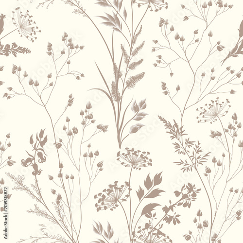 Flourish seamless pattern. Branch, flowers, leaves, grass, flowers gentle meadow texture. Floral nature summer garden textured background