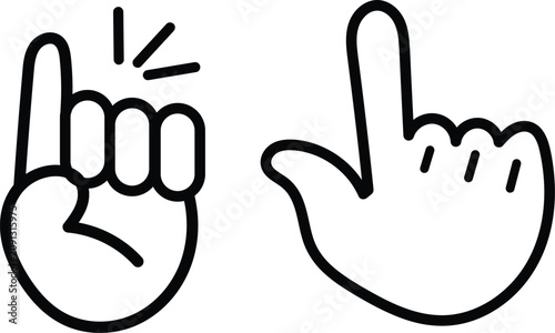 Two black outline hands one knocking one pointing finger gesture
