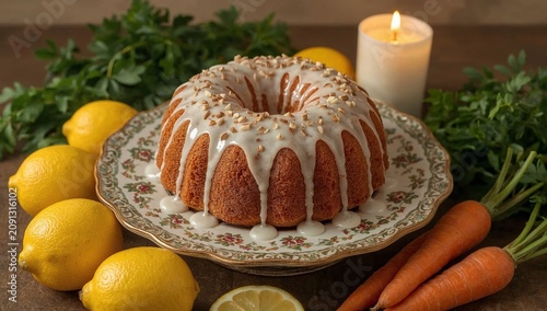 Delicious Bundt Cake With Lemon Icing and Carrot Garnish on a Decorative Plate