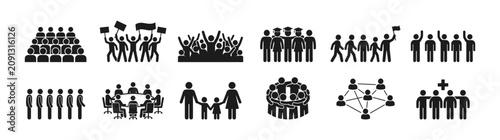 People icon set vector illustration featuring diverse groups of human figures in various social situations and professional business team settings