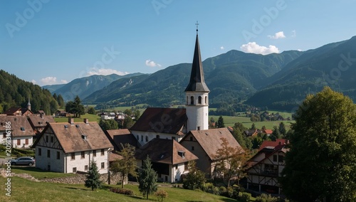 Scenic Village With Church and Mountains Under Blue Sky in Summer