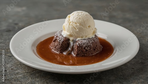 Chocolate Dessert With Ice Cream and Sauce on a Plate at a Restaurant