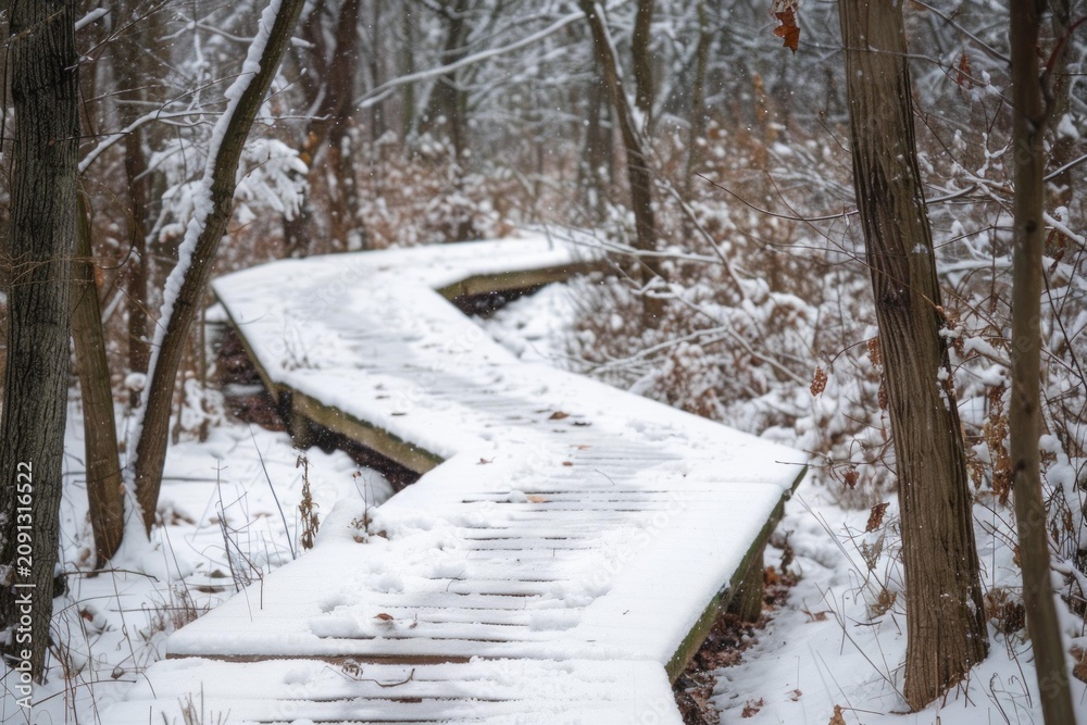 Naklejka premium Snow covered boardwalk winding through a serene winter forest during a gentle snowfall, creating a peaceful and inviting scene
