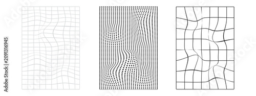 Foto Set of abstract distorted grid patterns, wavy lines and halftone dots, vector il