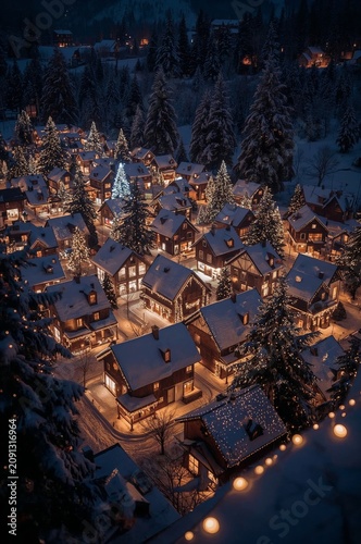 Winter Village Covered in Snow With Lights at Night