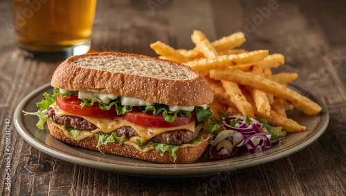 Delicious Burger With Fries Served on a Wooden Board in a Restaurant Setting