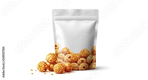 White Blank Plastic Zipper Pouch Mockup Filled with Delicious Crunchy Caramel Coated Popcorn Snacks for Food Packaging Design Presentation
