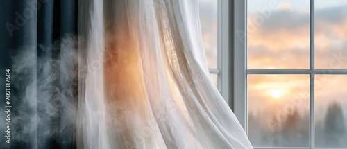 A dusty curtain moves slightly by the wind near a broken window, with sunlight filtering through and casting soft shadows on the floor