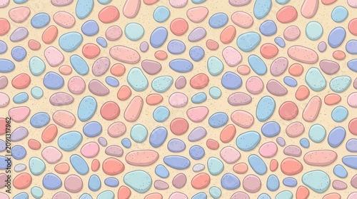 Colorful Pebbles Scattered on Soft Pink Sandy Texture Background Minimalist Pattern