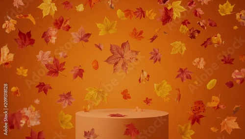 Colorful Leaves Float in the Air With a Bright Orange Background During Autum...