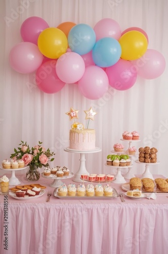 Dessert Table at a Party With Balloons and Treats for Celebration