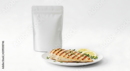 Grilled Chicken Breast Served on Plate with Blank Pouch Packaging Mockup for Food Brand Design Presentation