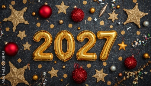 New Year Celebration Decorations and Festive Items on Dark Surface in 2027