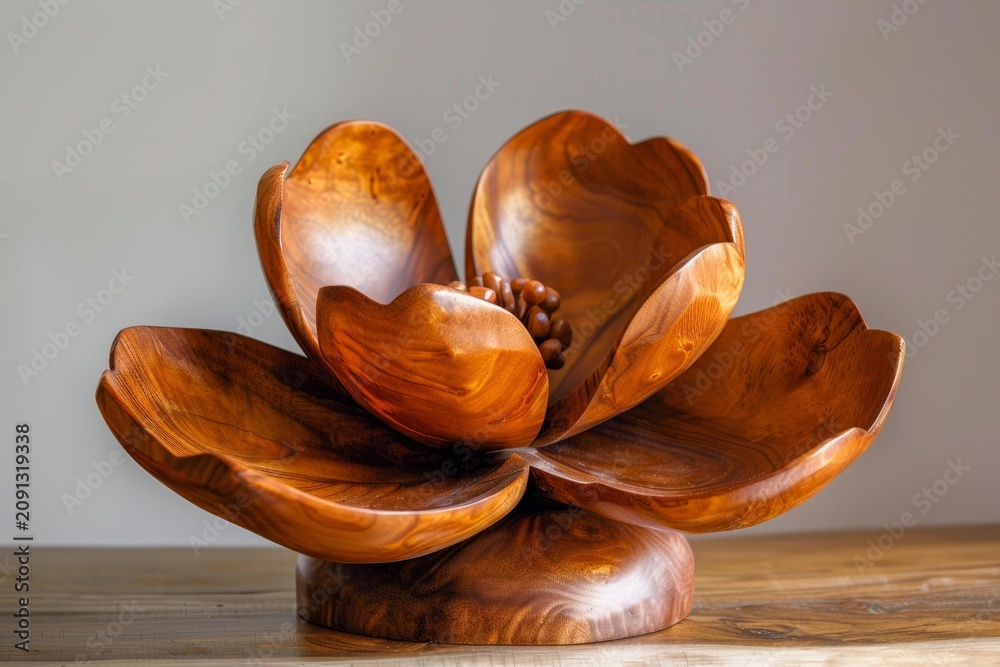 Obraz premium Intricately carved wooden bowl in the shape of a blooming flower, showcasing the beauty of teak wood craftsmanship