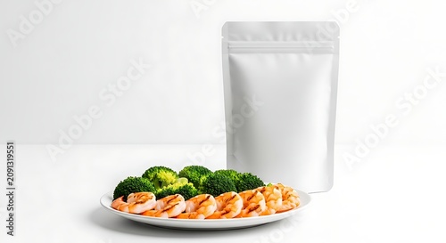 Blank White Food Packaging Pouch Mockup with Grilled Shrimp and Steamed Broccoli Side Dish for Healthy Meal Marketing