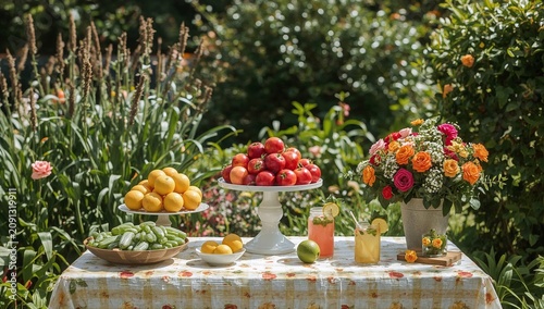 Fresh Fruits and Drinks on a Table in a Garden With Flowers on a Sunny Day