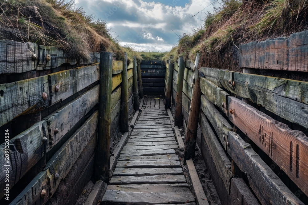 Naklejka premium Wooden duckboards lead through a preserved world war one trench with a cloudy sky above