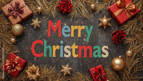 Colorful Merry Christmas Design With Gifts and Decorations on a Dark Background