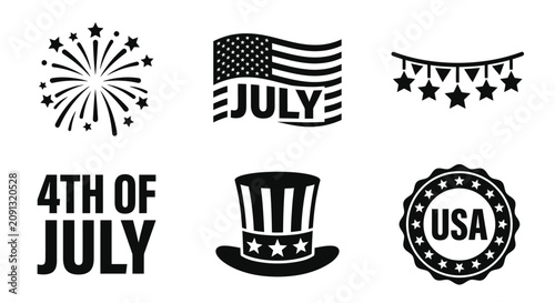 Fotografie Fourth Of July Silhouettes Fireworks Flag Uncle Sam Hat And Seal
