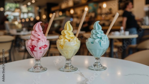 Three Colorful Ice Cream Desserts Served in Glass Cups at a Cafe