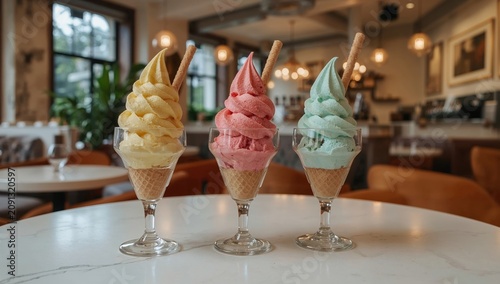 Three Colorful Ice Cream Desserts Served in Glass Cups at a Cafe